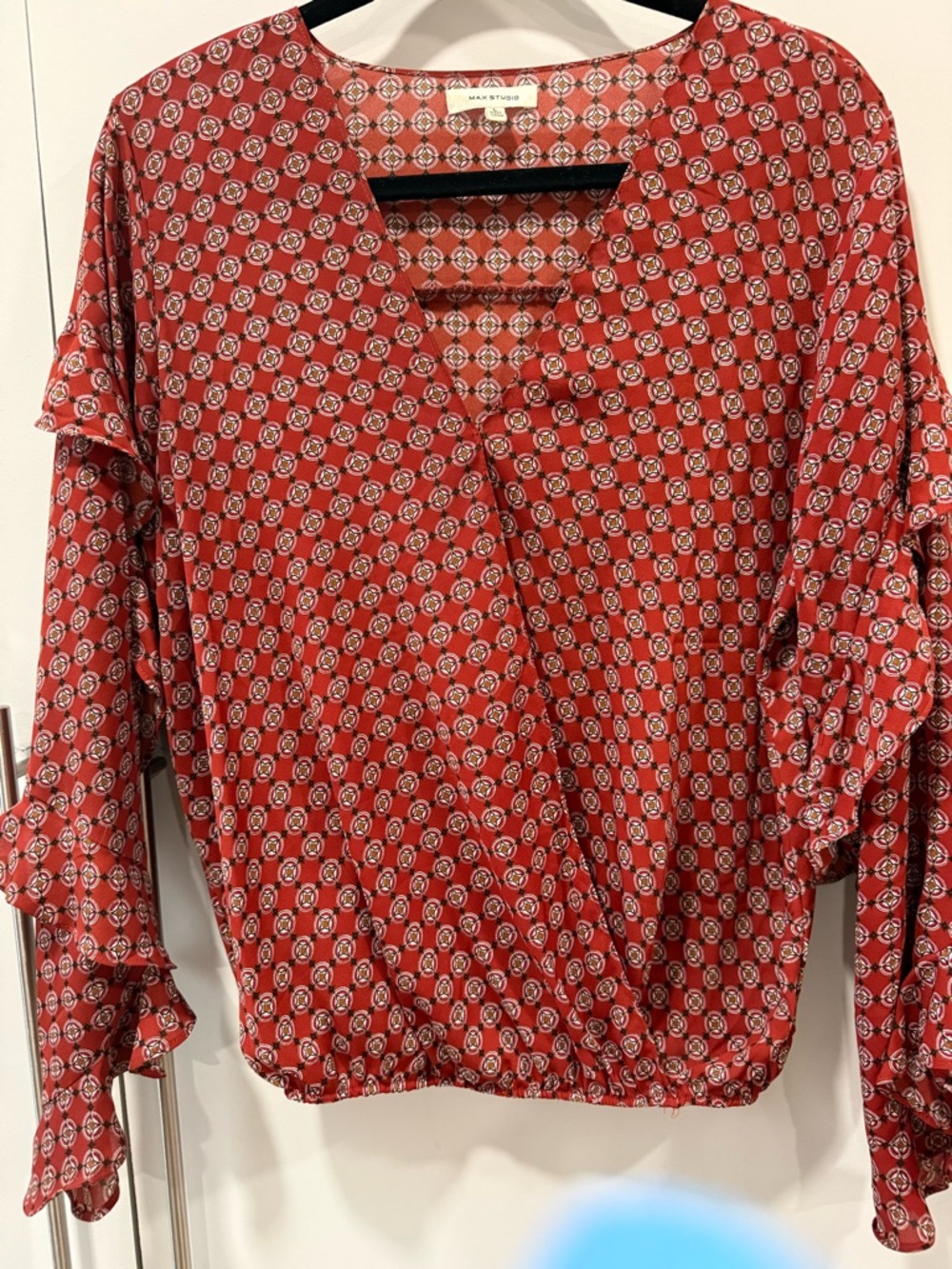 Max Studio Coral Red Geometric Print Ruffle Sleeve Blouse
